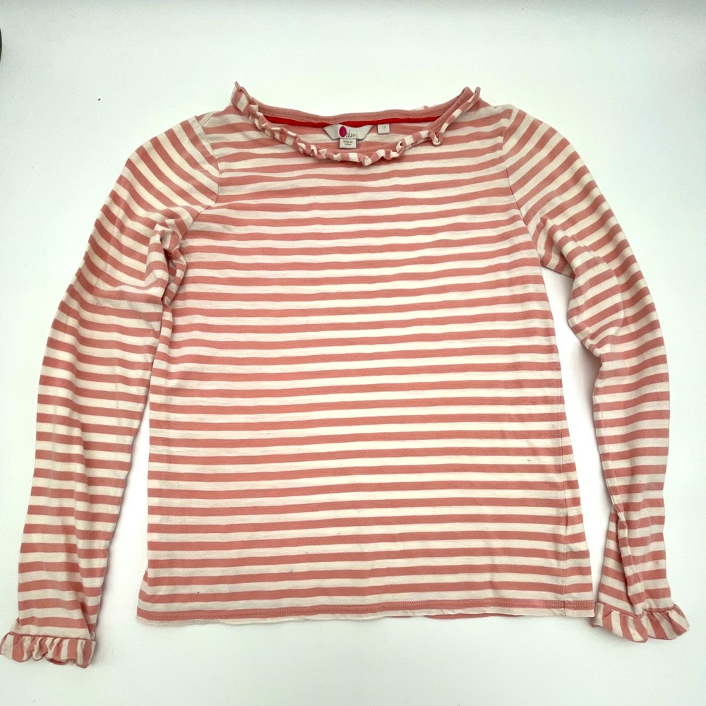 Boden pink white candy striped cotton jersey ruffle feminine blouse top size XS